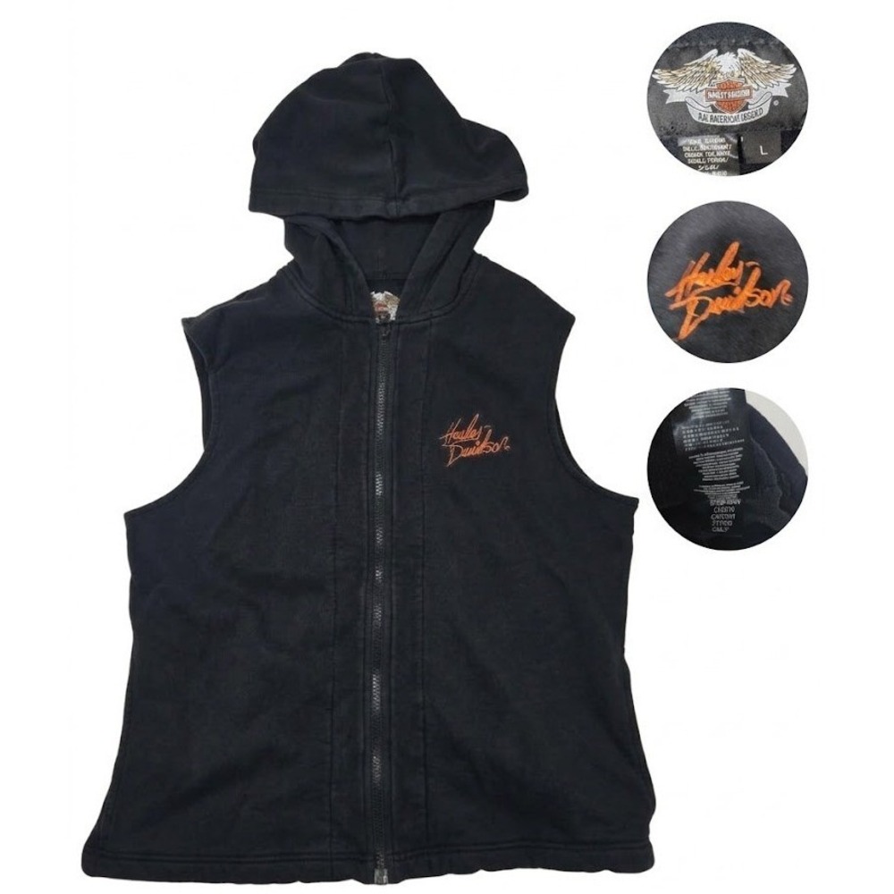 Harley Davidson Sleeveless Hoodie Vest Womens Large Black Full Zip Orange Script